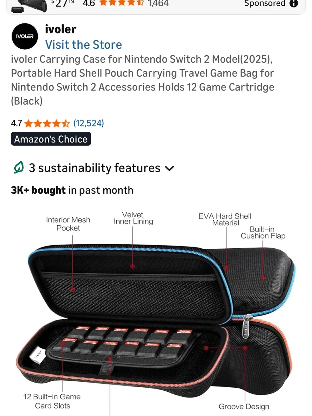 Switch 2 Model Black and Blue and Orange Travel Electronics Case